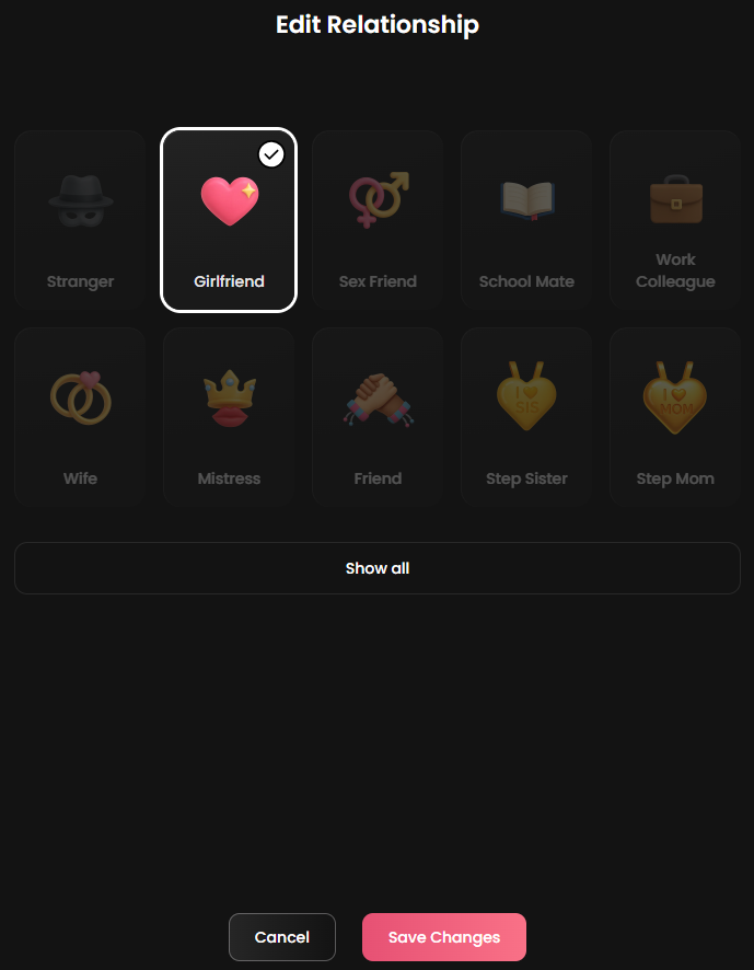 Candy.ai relationship type selection