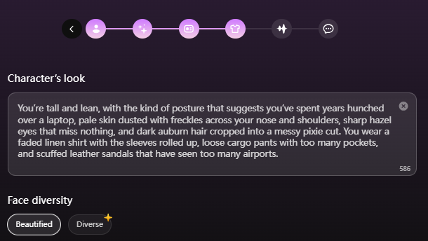 Spicier character look customization with face diversity options