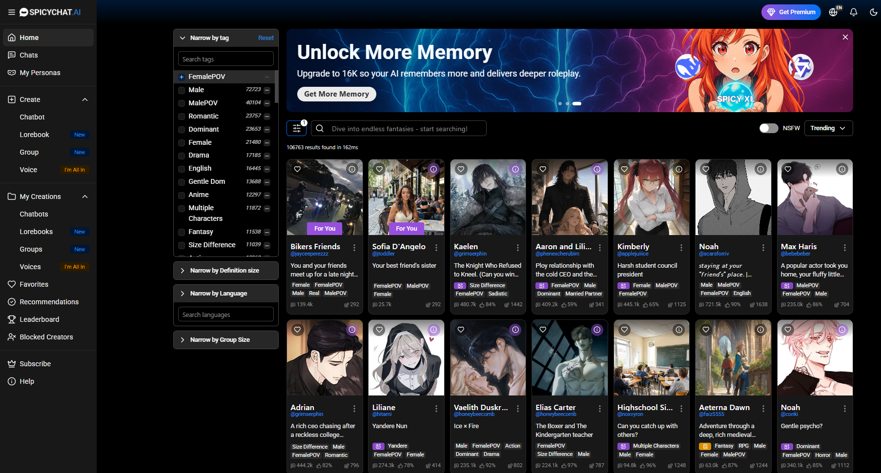 SpicyChat AI homepage showing character discovery