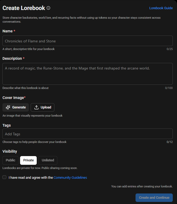 SpicyChat Lorebook entries showing structured world-building