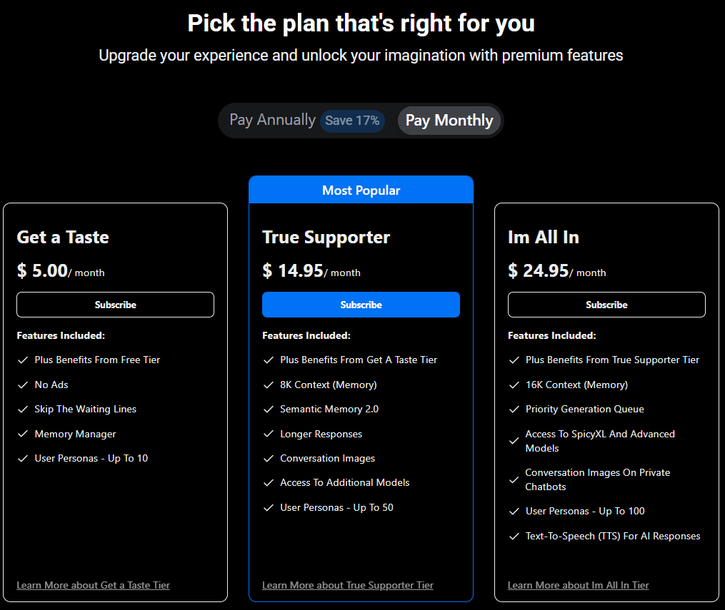 SpicyChat AI pricing plans